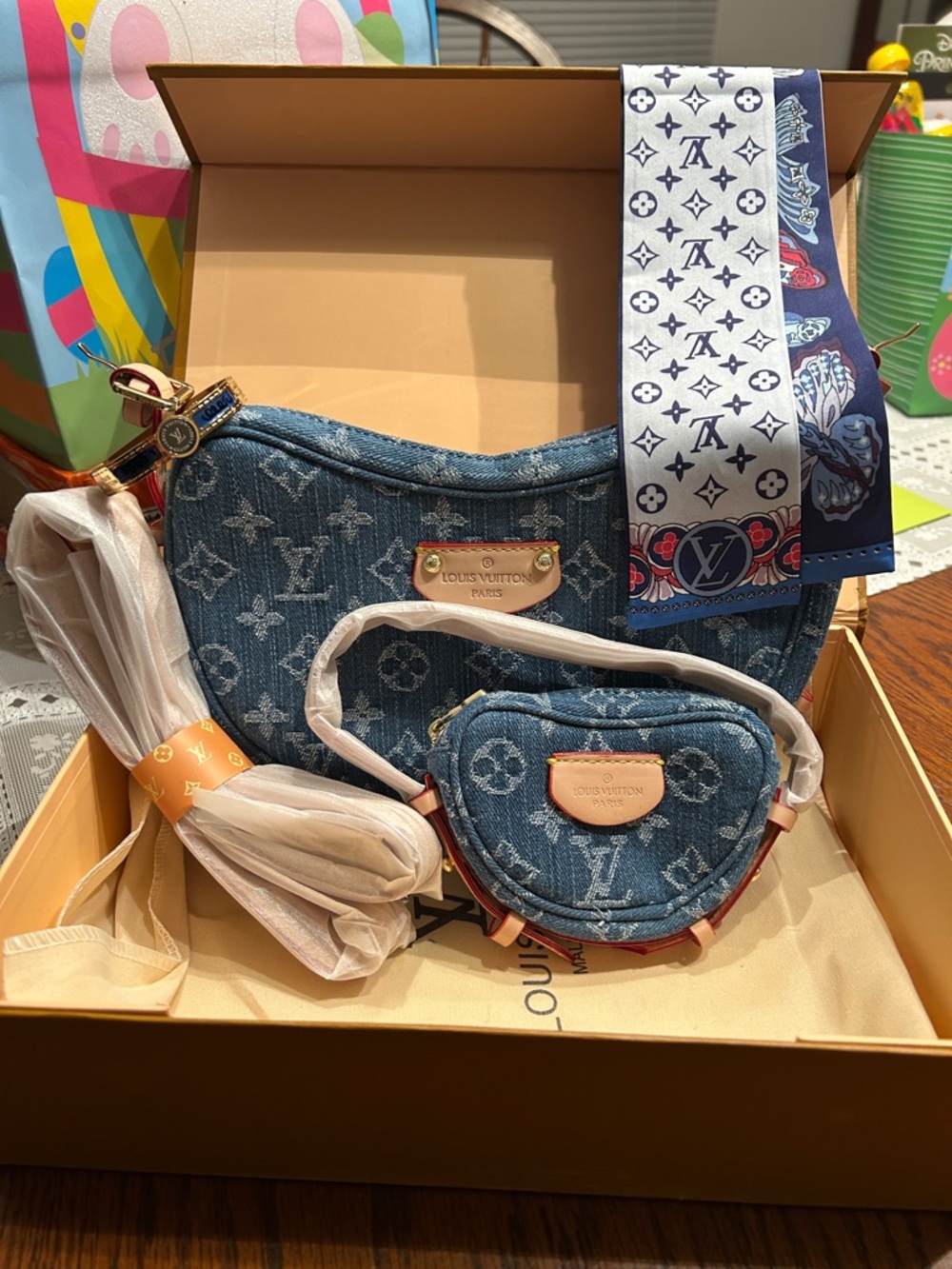 Designer Blue Denim Monogram Crossbody with Matching Pouch, Bandanna & Bracelet